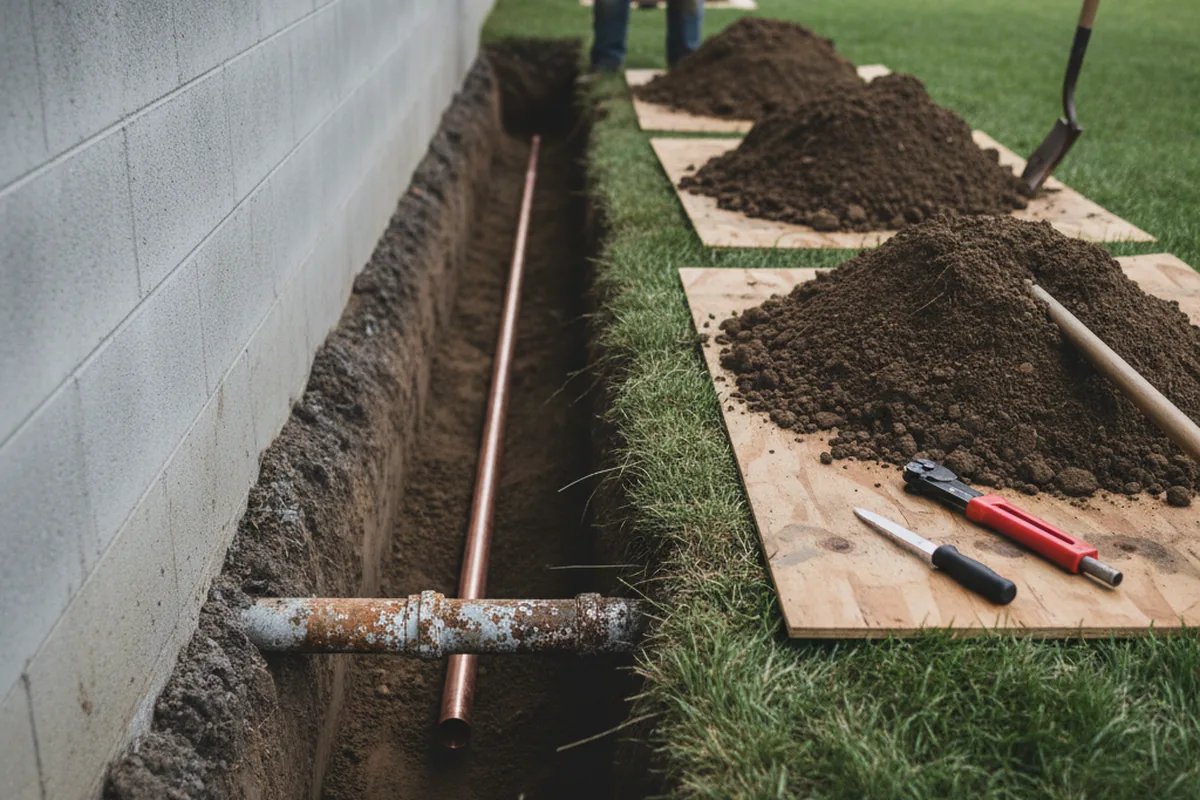 Excavated water line trench during Sewer Line Repair in Ringgold